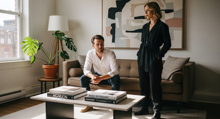 Young man and woman sitting on the table and reading magazine at homeの素材