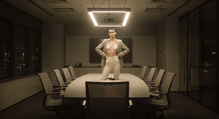 Businesswoman standing in a meeting room with her arms akimboの素材