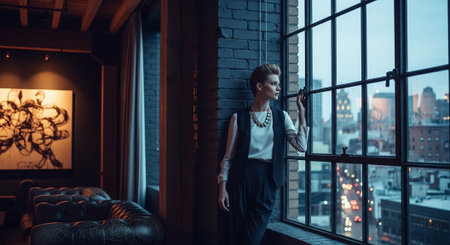 Beautiful young woman standing near window at home and looking at cityの素材