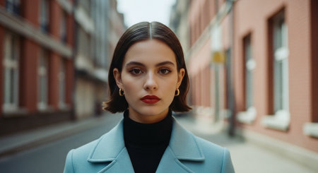 Portrait of a beautiful young woman in a blue coat on the streetの素材