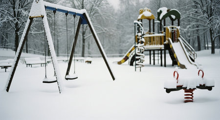 Playground in the park during a snowfall. Winter landscape.の素材