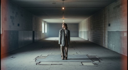 Young businessman walking in a dark tunnel. Mixed media. Mixed mediaの素材