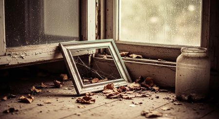 Vintage photo frames with spider web and dry leaves on wooden floorの素材