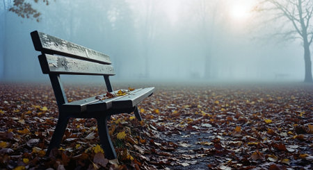 Empty wooden bench in a foggy autumn park with fallen leaves.の素材