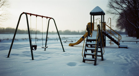 Playground in the snow. Winter landscape. Snowfall. Sunset.の素材