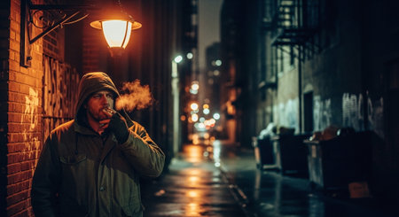 Portrait of a man smoking a cigarette in the street at nightの素材