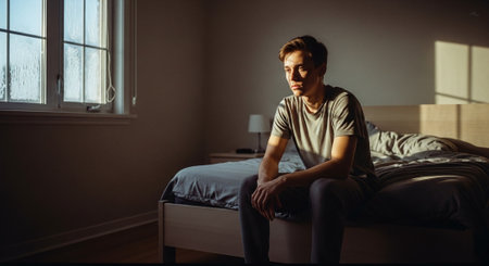 Depressed young man sitting on the bed at home. Depression and mental health concept.の素材