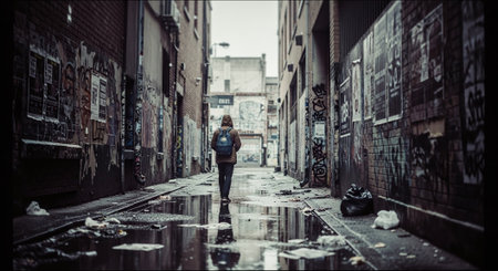 A young woman walking in the rain in a small alley in London.の素材