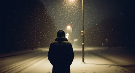 A man stands on the street at night and looks at the falling snow.の素材