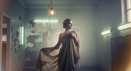 Beautiful girl in a long dress in the interior of the roomの素材