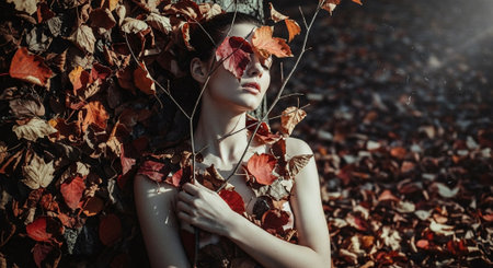 Portrait of a beautiful young woman in autumn leaves. Beauty, fashion.の素材