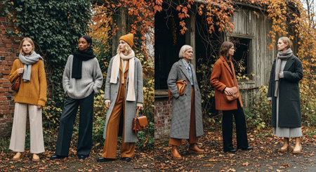 Group of multiethnic women in coats and scarves standing in autumn parkの素材