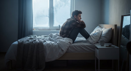 Young man sitting on the bed in the morning at home, looking at the windowの素材