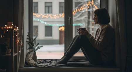 Woman sitting on the windowsill and holding a cup of coffee.の素材