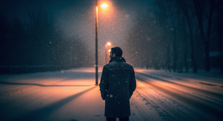 Back view of young man standing on the street in heavy snowfallの素材