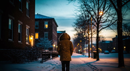 Woman walking in the snow on a winter evening in the city.の素材