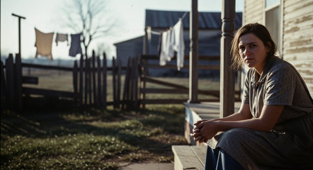 Portrait of a young sad woman sitting on a bench in the countrysideの素材