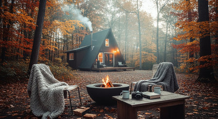 Camping in the autumn forest. Wooden house in the woods. The concept of travel.の素材