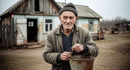 Portrait of an elderly man with a rusty bucket in his handsの素材