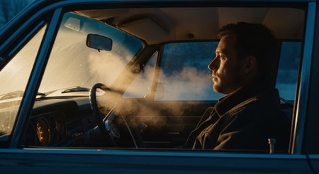 Man driving a car and smoking an electronic cigarette in the evening.の素材