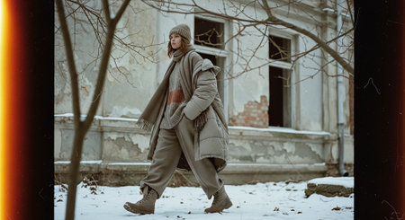 Stylish young woman in gray coat and hat walking in winter park.の素材