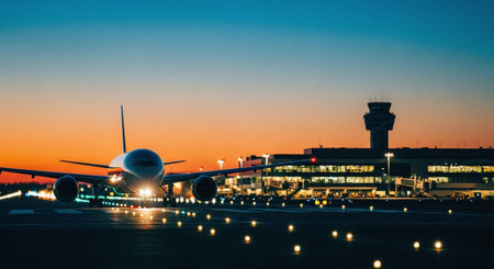 Airplane at the airport in the evening. Selective focus.の素材