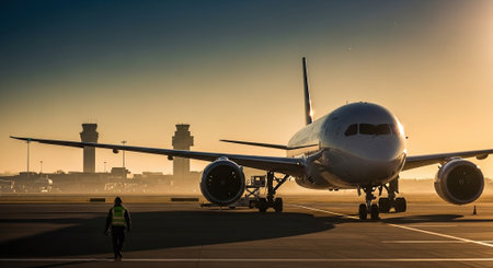 Airplane in the airport at sunset with a pilot in the backgroundの素材