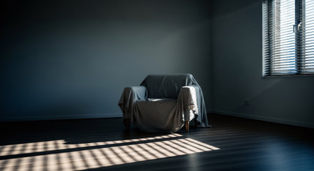 3d rendering of an empty room with a sofa and blindsの素材