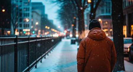 Young man in a warm jacket walks along the embankment on a winter night.の素材
