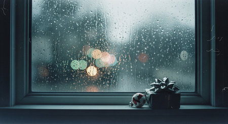 Christmas decorations on the window with raindrops. New Year and Christmas conceptの素材
