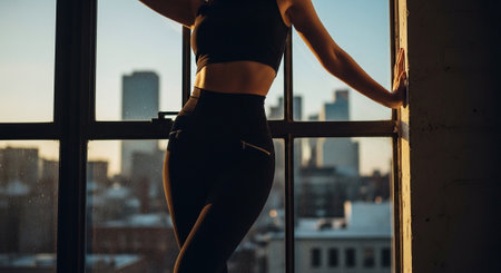 Back view of sporty woman in sportswear standing near window with city view.の素材