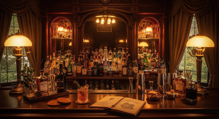 Vintage interior of a pub with a bar counter and bottles of alcoholの素材