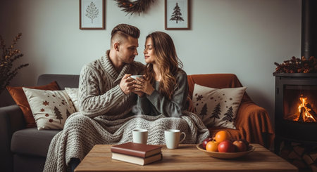 Young couple in warm sweaters sitting on sofa with cup of hot drink at homeの素材