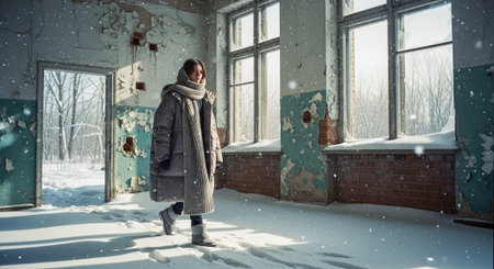 A young girl in a gray coat and scarf is standing in an abandoned building in the snow.の素材