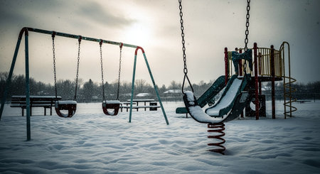 Playground in winter with snow and snowflakes on the groundの素材