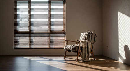 Interior of a living room with chair and window with blindsの素材