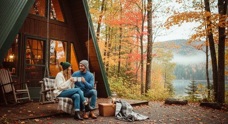 Couple in love sitting on the porch of a log house in the autumn forestの素材