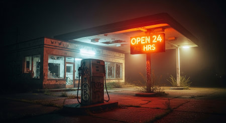 Abandoned gas station at night with fog in the background.の素材