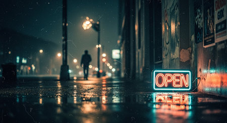 Open sign on wet street at night. 3D rendering illustration.の素材