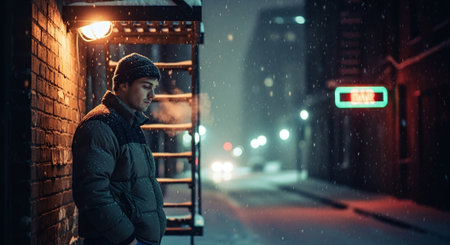 Young man smoking a cigarette on the street at night in winter.の素材