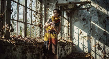 Beautiful young woman in a dress and scarf posing in an abandoned factoryの素材