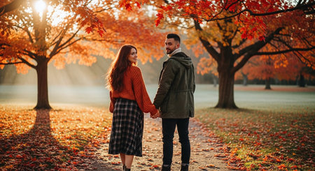 Young couple in love walking in the autumn park. A man and a woman in warm clothes.の素材