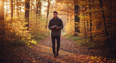 Man in the autumn forest with a mobile phone in his hands.の素材