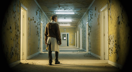 Rear view of a young man walking in an abandoned building.の素材