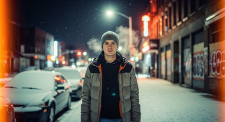 Young man in the city at night with an electronic cigarette in his handの素材