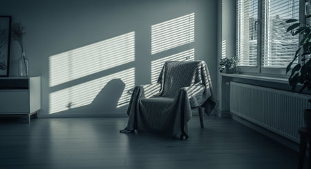 Comfortable armchair in the living room with window blinds.の素材