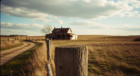 Wooden fence in the field with a small house in the backgroundの素材