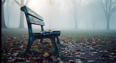 Bench in a foggy autumn park with fallen leaves and trees.の素材