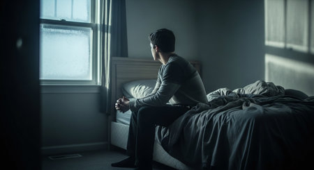 young man sitting on the bed in the morning and looking out the windowの素材