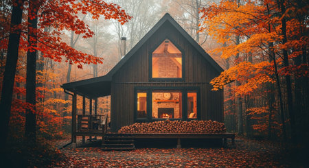 Wooden house in the autumn forest. Wooden cottage in the forest.の素材